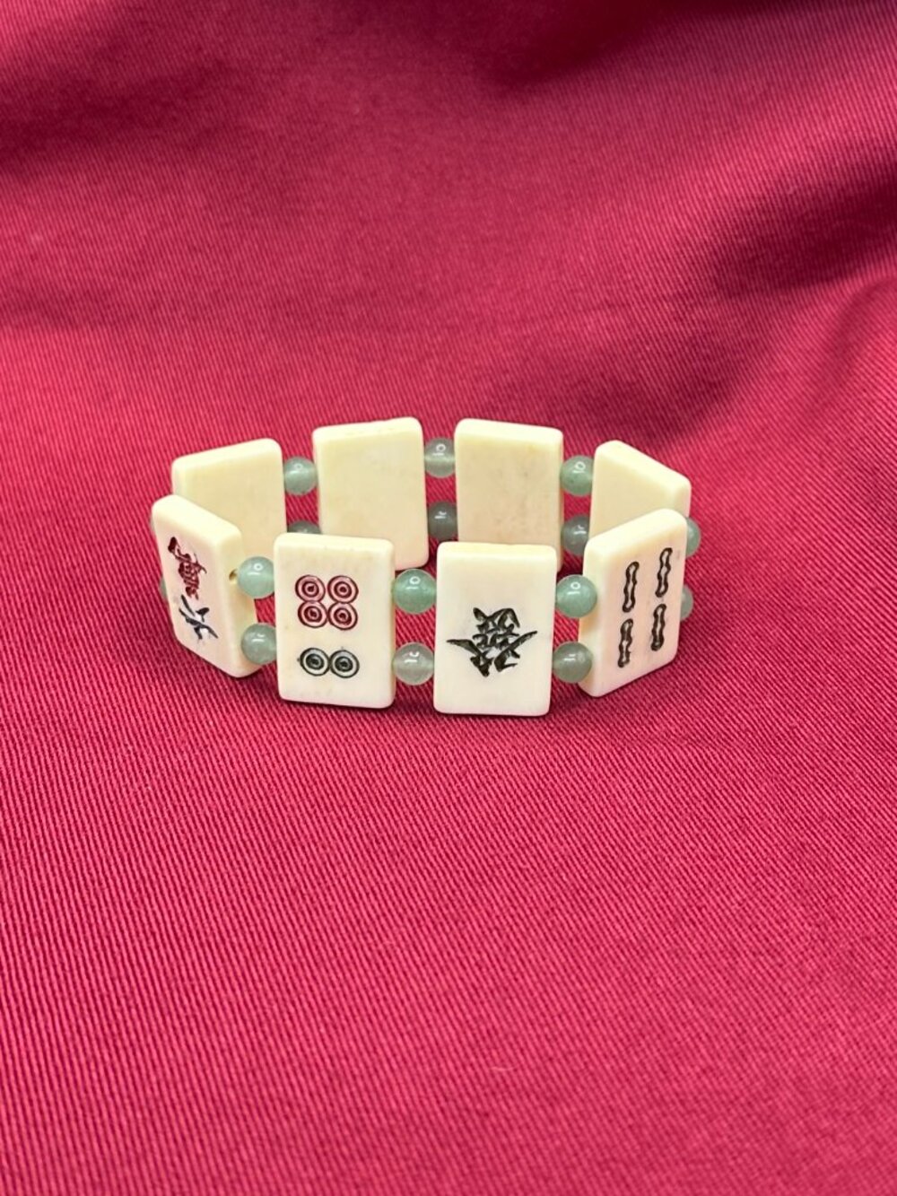 VTG Asian MahJong Tile Bracelet Jade-Tone/Aventurine Beads - Picture 9 of 14